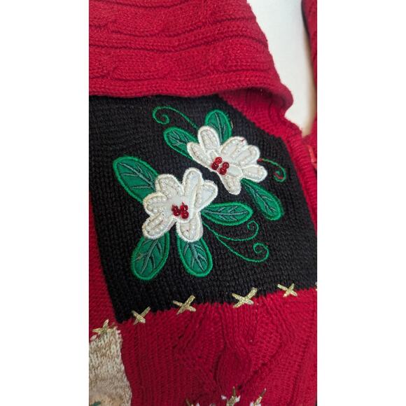 Vintage Tiara International red beaded holiday Christmas sweater cardigan size M - Picture 9 of 10
